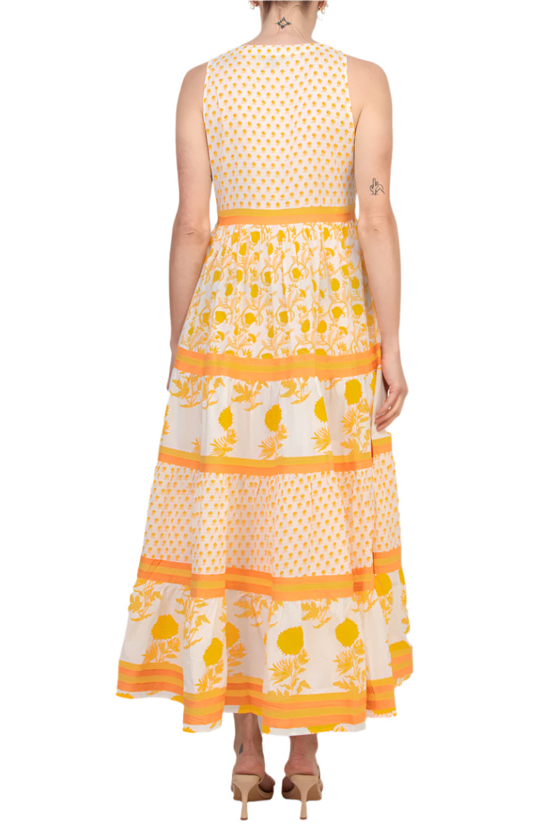 Chelsea and Theodore V-Neckline Sleeveless Mixed Print Tiered A-Line Maxi Dress