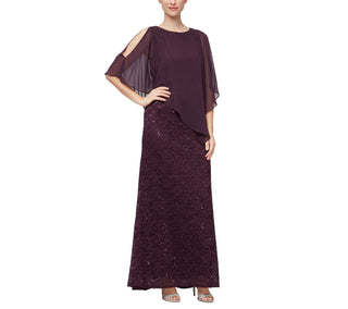 SL Fashion Popover Dress With Beaded Shoulder Detail And Asymmetric Overlay - DEEP PLUM - FRONT