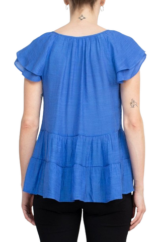 Counterparts Scoop Neck Cap Sleeve Ruched Rayon Top - Hydrangea Blue - Back