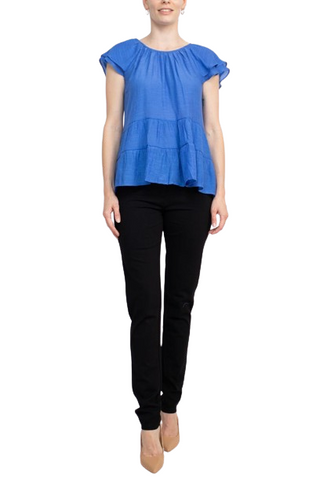 Counterparts Scoop Neck Cap Sleeve Ruched Rayon Top - Hydrangea Blue - Front