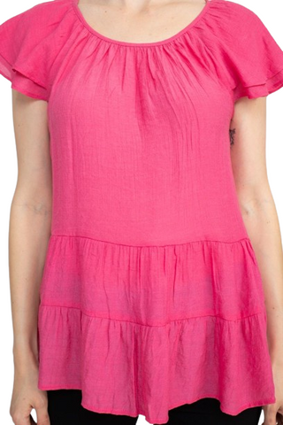 Counterparts Scoop Neck Cap Sleeve Ruched Rayon Top - Strawberry - Front