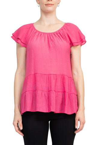 Counterparts Scoop Neck Cap Sleeve Ruched Rayon Top - Strawberry - Front