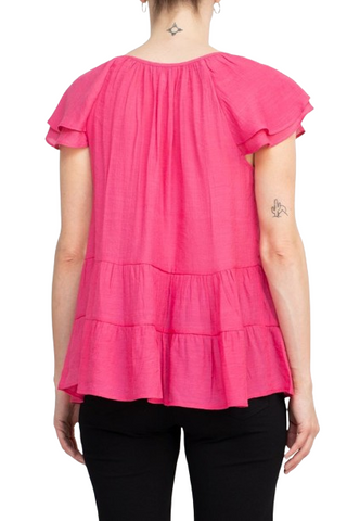 Counterparts Scoop Neck Cap Sleeve Ruched Rayon Top - Strawberry - back