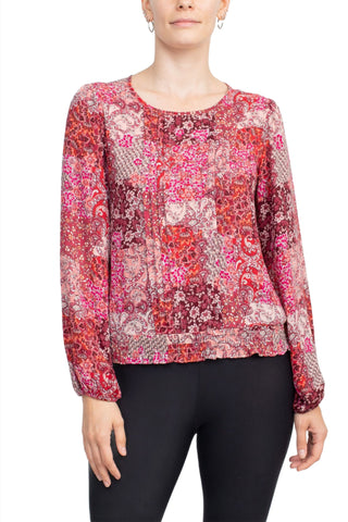 Counterparts Crew Neck Long Sleeve Elastic Cuff Long Sleeve Pleated Front Multi Print Crepe Top - Fuchsia En Rouge - Front