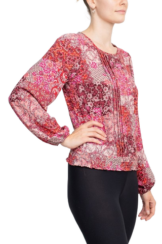 Counterparts Crew Neck Long Sleeve Elastic Cuff Long Sleeve Pleated Front Multi Print Crepe Top - Fuchsia En Rouge - Side