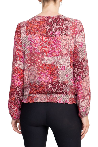 Counterparts Crew Neck Long Sleeve Elastic Cuff Long Sleeve Pleated Front Multi Print Crepe Top - Fuchsia En Rouge - Back
