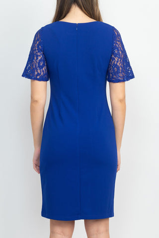 Final Sale Item: SL Fashion Crew Neck Short Sleeve Solid Sheath with Embroidered Yoke Jersey Dress