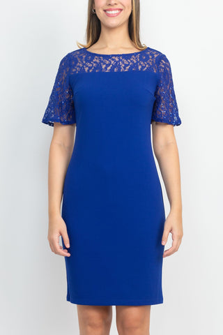 Final Sale Item: SL Fashion Crew Neck Short Sleeve Solid Sheath with Embroidered Yoke Jersey Dress
