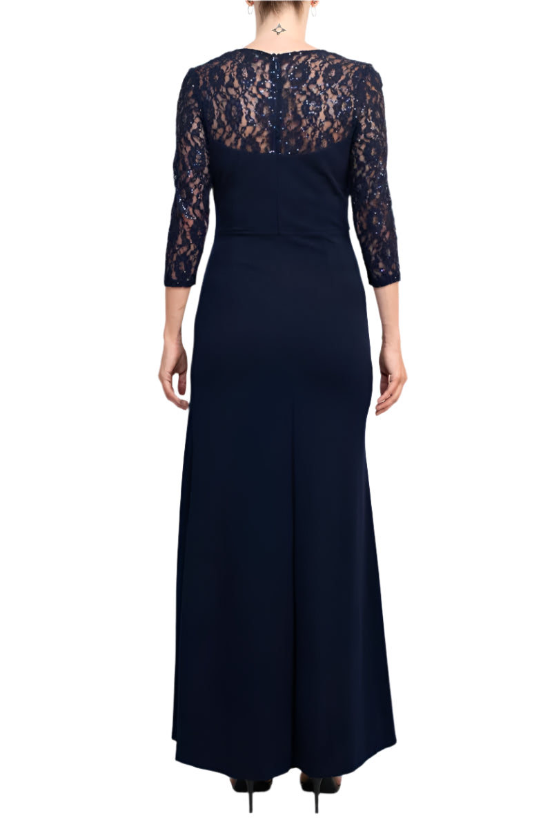SL Fashion Square Neck 3/4 Sleeve Pleated Side Front Slit Zipper Back Crepe Dress| Available at Curated Brands in Los Angeles SL Fashion Square Neck 3/4 Sleeve Pleated Side Front Slit Zipper Back Crepe Dress| Available at Curated Brands in Los Angeles