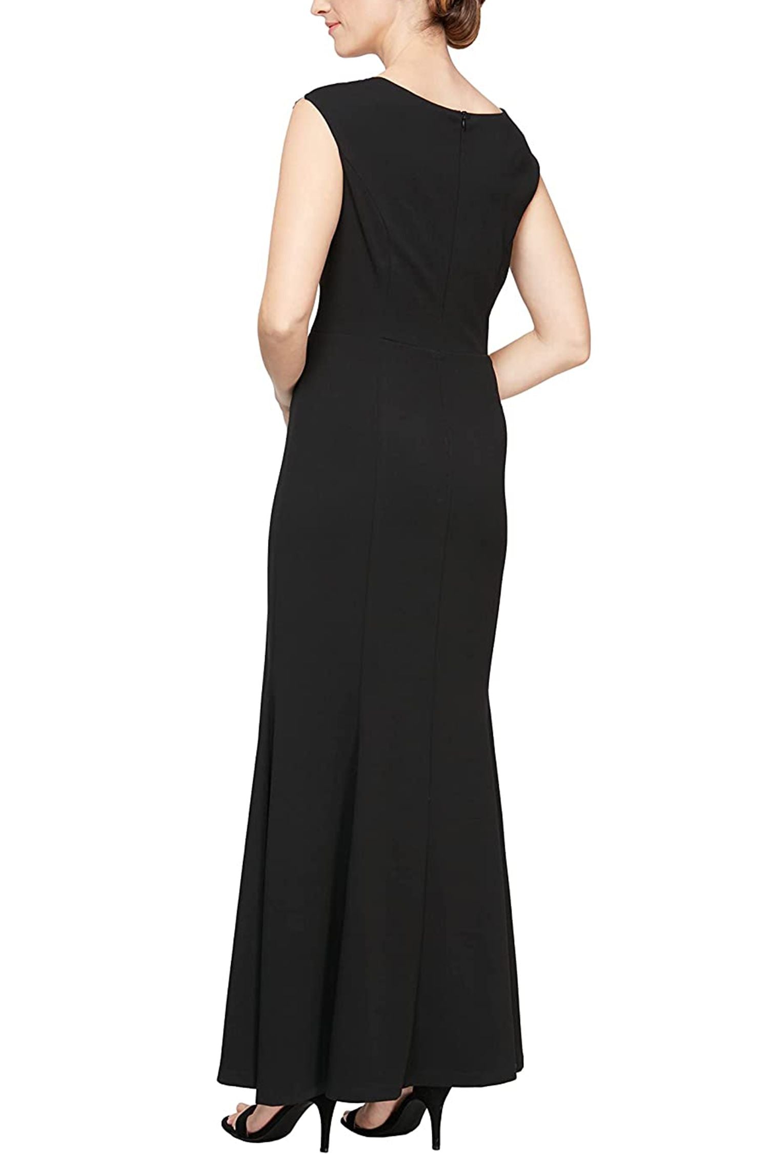 SL Fashion Scalloped Neck Sleeveless Lace Neck & Shoulder Slit Front Zipper Back Crepe Dress SL Fashion Scalloped Neck Sleeveless Lace Neck & Shoulder Slit Front Zipper Back Crepe Dress