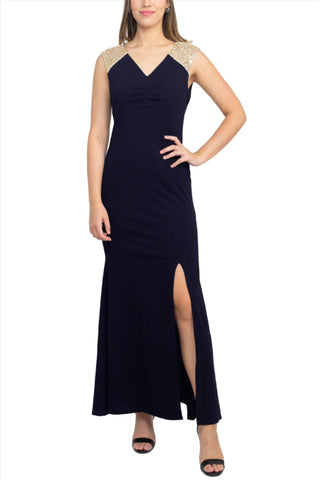 SL Fashion V-Neck Sequined Shoulder Sleeveless Slit Front Zipper Back Dress