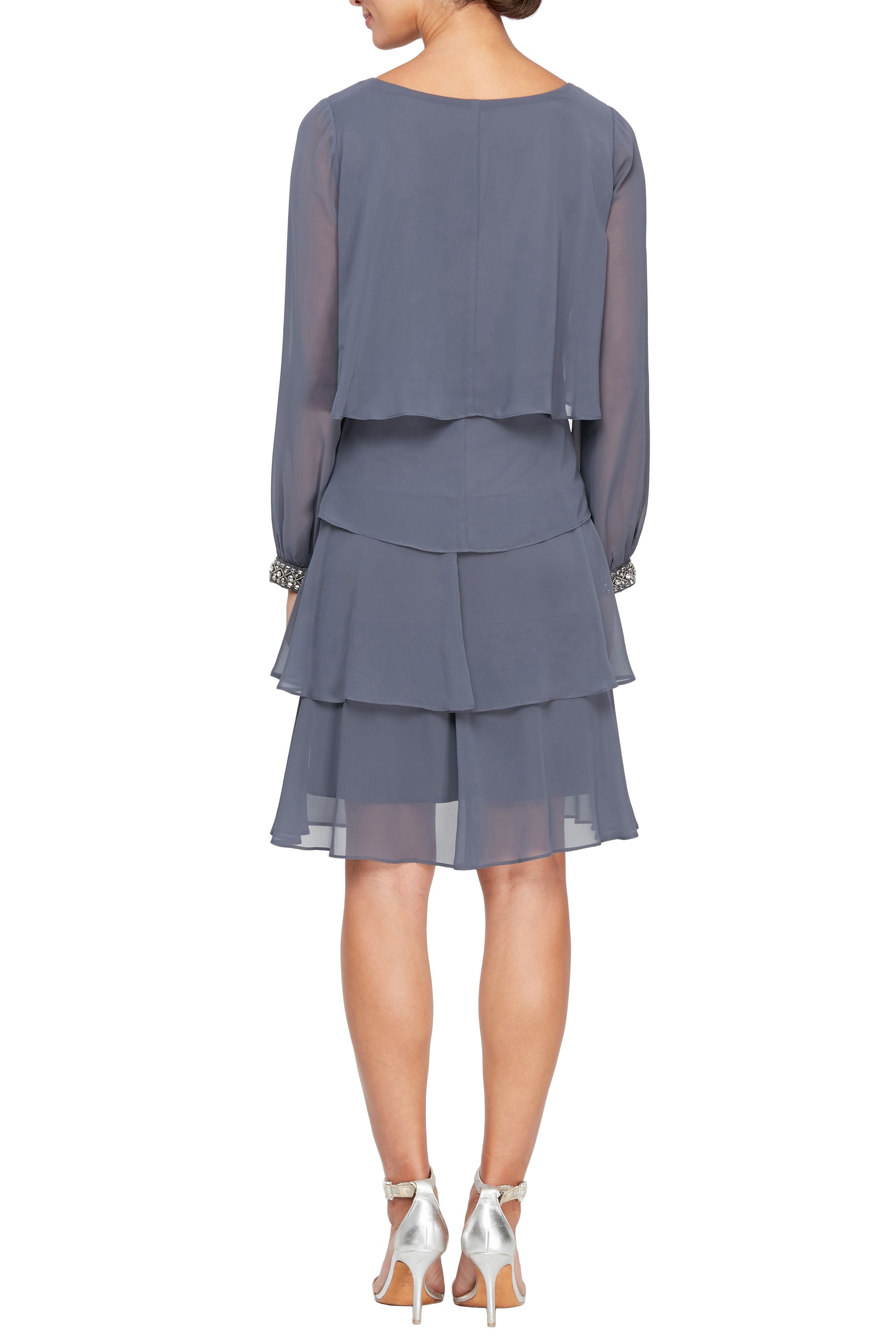 SL Fashion Boat Neck Long Sleeves Ruffle Detail Chiffon Short Dress | Available at Curated Brands in Los Angeles STEEL / 8 SL Fashion Boat Neck Long Sleeves Ruffle Detail Chiffon Short Dress | Available at Curated Brands in Los Angeles STEEL / 8