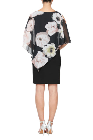 SL Fashion Boat Neck Floral Print Asymmetrical Chiffon Overlay ITY Dress