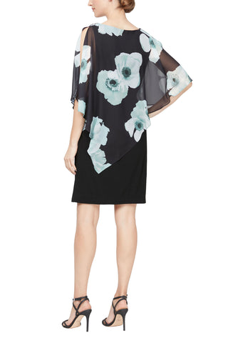 SL Fashion Floral Print Asymmetrical Chiffon Slit Shoulder Capelet Jersey Dress