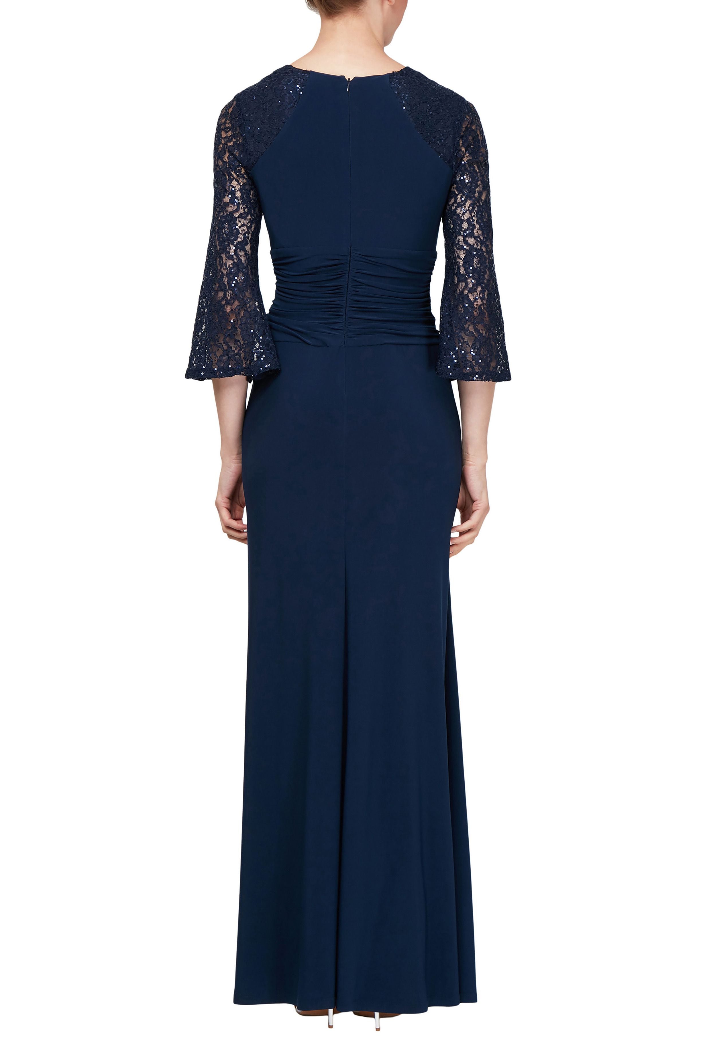 SL Fashion Boat Neck 3/4 Lace Sleeves Back Zipper Long Jersey Dress| Available at Curated Brands in Los Angeles SL Fashion Boat Neck 3/4 Lace Sleeves Back Zipper Long Jersey Dress| Available at Curated Brands in Los Angeles