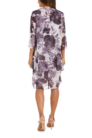 R&M Richards V-Neck Sleeveless Zipper Back Floral Print Chiffon Dress with Matching Jacket