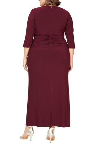 SL Fashion Long Length Ruched Waist Beaded Illusion 3/4 Sleeves Matte Jersey Dress ( Plus Size )_FIG_BACK 