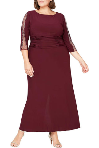 SL Fashion Long Length Ruched Waist Beaded Illusion 3/4 Sleeves Matte Jersey Dress ( Plus Size )_FIG_FRONT 