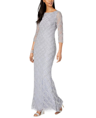 Final Sale: Adrianna Papell Boat Neck Long Sleeve Zipper Back Beaded Mesh Gown