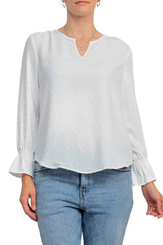 Counterparts Split V- Neck Popover Elastic Cuff Textured Top_White_Front View