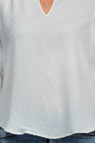 Counterparts Split V- Neck Popover Elastic Cuff Textured Top_White_Front Detailed View