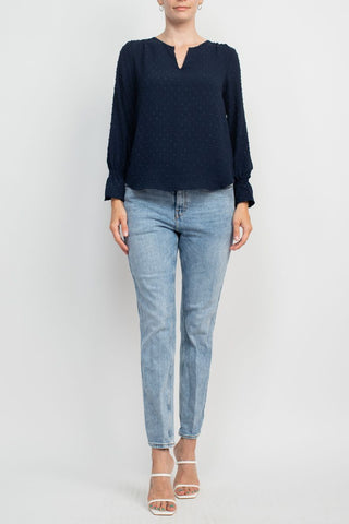 Counterparts Split V- Neck Popover Elastic Cuff Textured Top_Navy_Front Full View
