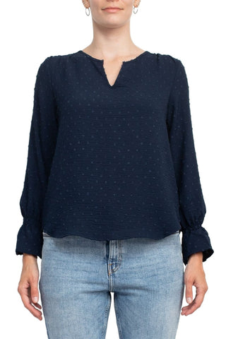Counterparts Split V- Neck Popover Elastic Cuff Textured Top_Navy_Front View