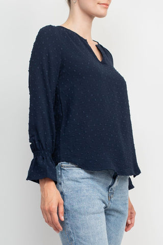 Counterparts Split V- Neck Popover Elastic Cuff Textured Top_Navy_Side View