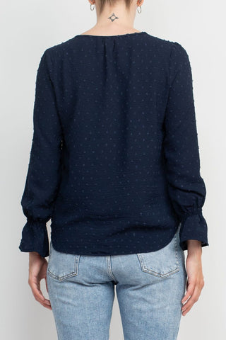 Counterparts Split V- Neck Popover Elastic Cuff Textured Top_Navy_Back View