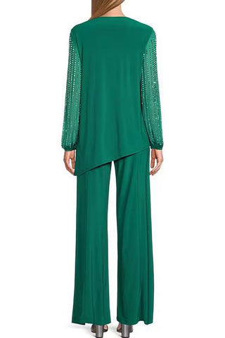 Marina Boat Neck Embellished Chiffon Long Sleeve Asymmetrical Hem and Elastic Mid Waist Wide Leg ( Plus Size ) - EMERALD - Back