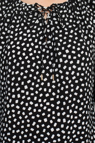Counterparts Tie Neck Long Sleeve Printed Chiffon Mesh Top - Black Abstract - Fabric