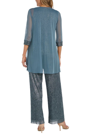 R&M Richards Three Piece Crinkle Pantsuit Mesh Chiffon Jacket Relaxed-Fit Trousers with Necklace - SPRUCE - back