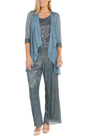 R&M Richards Three Piece Crinkle Pantsuit Mesh Chiffon Jacket Relaxed-Fit Trousers with Necklace - SPRUCE - front