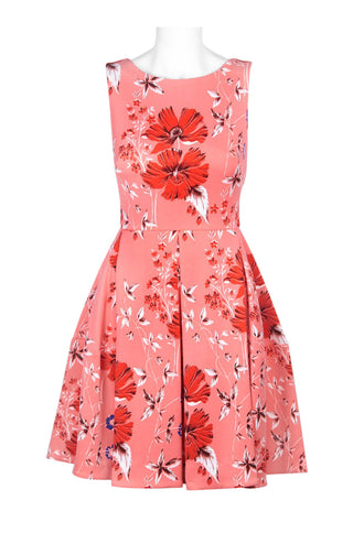 Taylor Boat Neck Sleeveless Box Pleat Zipper Back Floral Print Scuba Dress