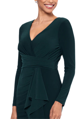 Betsy and Adam Elle Deep V-Neckline Long Sleeves High Ruffled Side Slit Gown Dress