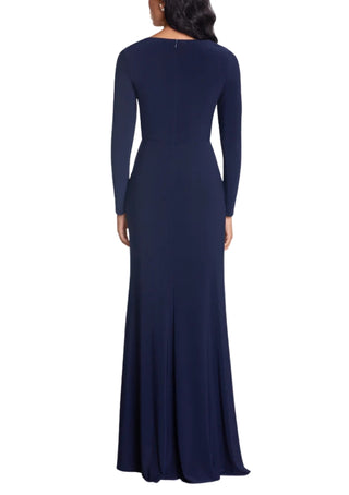 Betsy and Adam Elle Deep V-Neckline Long Sleeves High Ruffled Side Slit Gown Dress - NAVY - Back