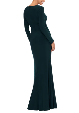 Betsy and Adam Elle Deep V-Neckline Long Sleeves High Ruffled Side Slit Gown Dress - PINE - Back