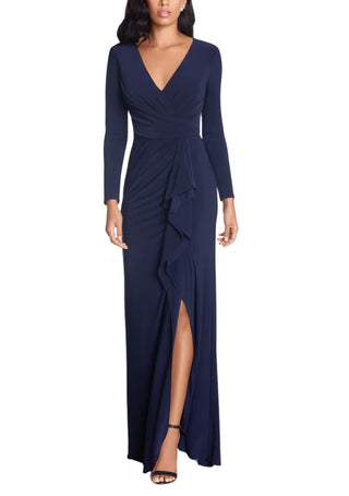 Betsy and Adam Elle Deep V-Neckline Long Sleeves High Ruffled Side Slit Gown Dress - NAVY - Front