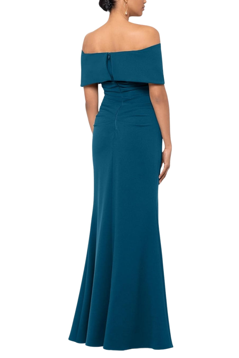 Betsy and Adam Tanya Off-The-Shoulder Ruching Cuff Wrap Long Dress| Available at Curated Brands in Los Angeles Betsy and Adam Tanya Off-The-Shoulder Ruching Cuff Wrap Long Dress| Available at Curated Brands in Los Angeles