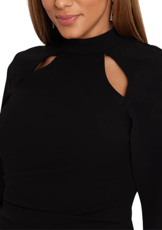 Betsy and Adam Kristin High Mock Collar Neckline Cutout Cape Sleeves Back Keyhole Closure Sheath Dress