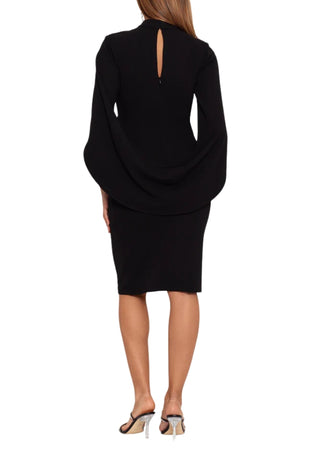 Betsy and Adam Kristin High Mock Collar Neckline Cutout Cape Sleeves Back Keyhole Closure Sheath Dress - BLACK - Back