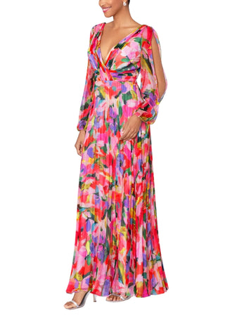 Betsy and Adam Amber Print Deep V-Neckline Long Sleeves Back Zipper Fl Curated Brands Betsy and Adam Amber Print Deep V-Neckline Long Sleeves Back Zipper Fl Curated Brands