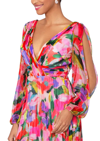 Betsy and Adam Amber Print Deep V-Neckline Long Sleeves Back Zipper Flowy Skirt Floor Length Dress