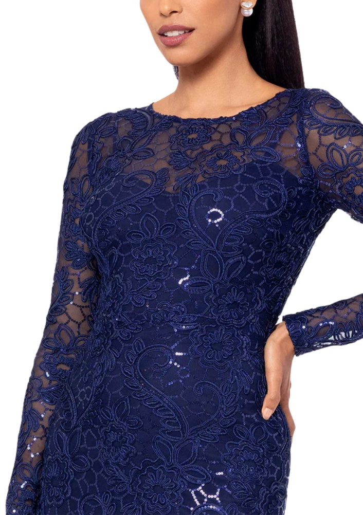 Betsy and Adam Cecelia Bateau Neckline Long Sleeves Intricate Lace Overlay Back Zipper Closure Modern Fit Gown Dress | Available at Curated Brands in Los Angeles Betsy and Adam Cecelia Bateau Neckline Long Sleeves Intricate Lace Overlay Back Zipper Closure Modern Fit Gown Dress | Available at Curated Brands in Los Angeles