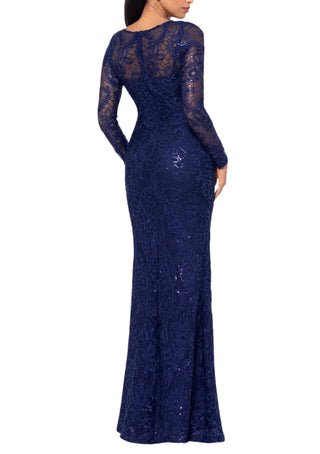 Betsy and Adam Cecelia Bateau Neckline Long Sleeves Intricate Lace Overlay Back Zipper Closure Modern Fit Gown Dress - NAVY - Back