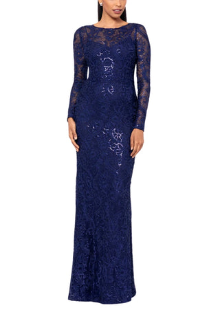 Betsy and Adam Cecelia Bateau Neckline Long Sleeves Intricate Lace Overlay Back Zipper Closure Modern Fit Gown Dress Betsy and Adam Cecelia Bateau Neckline Long Sleeves Intricate Lace Overlay Back Zipper Closure Modern Fit Gown Dress