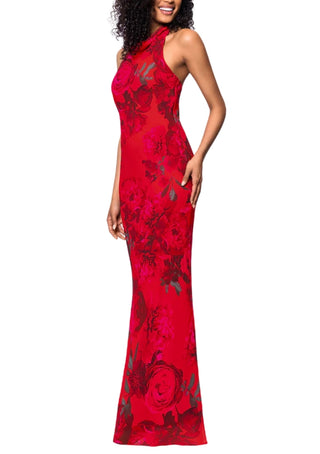 Betsy and Adam Floral Print Carly Halter Back Tie Neckline Sleeveless Backless Sheath Dress