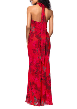 Betsy and Adam Floral Print Carly Halter Back Tie Neckline Sleeveless Backless Sheath Dress - RED MULTI - Back