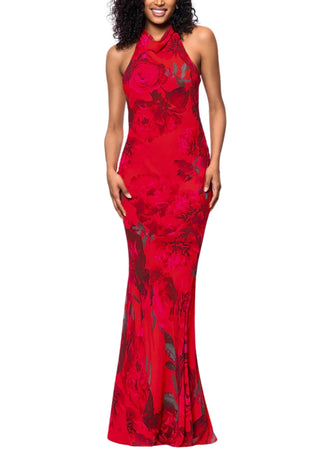 Betsy and Adam Floral Print Carly Halter Back Tie Neckline Sleeveless Backless Sheath Dress - RED MULTI - Front