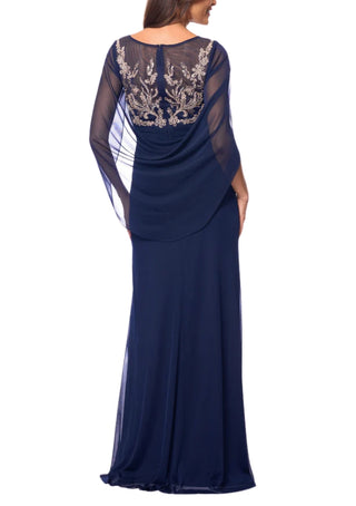 Betsy and Adam Willa Boat Neck Sheer Cape Sleeves Embroidered Embellished Bodice Back Zipper Fit Draped Skirt Dress - NAVY ROSE - Back